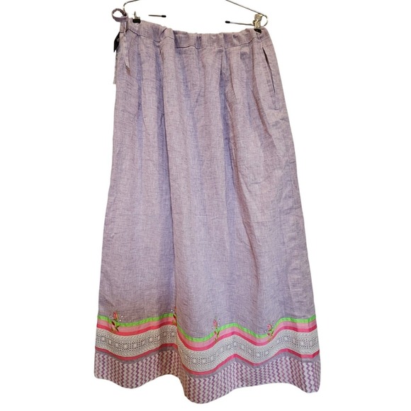 Floral Embroidered Linen Skirt Lavender Pink Cottagecore Bohemian Maxi - Picture 4 of 5